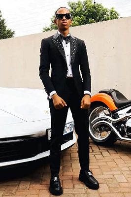 Klein Charming Black One Button Prom Suits With Beading Peaked Lapel