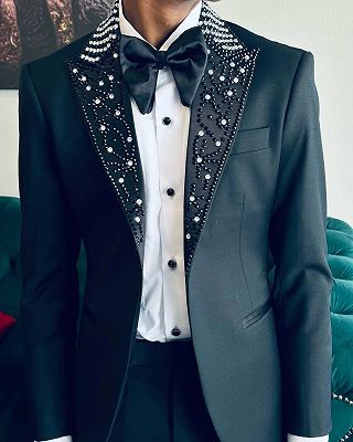 Klein Charming Black One Button Prom Suits With Beading Peaked Lapel
