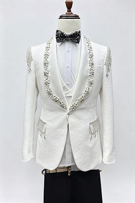Lloyd Bespoke White Jacquard Three Pieces Beading Prom Suits