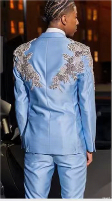 Sky Blue Silver Beaded Appliques Men’s Prom Suits for Graduation