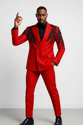 Larry Fashion Red Peaked Lapel Double Breasted Appliques Prom Suits