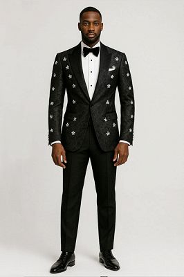 Lennon Handsome Black Jacquard One Button Prom Suits With Crystal