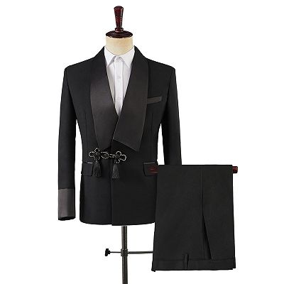 Leo Simple Black Frog Button Prom Suits With Satin Shawl Lapel