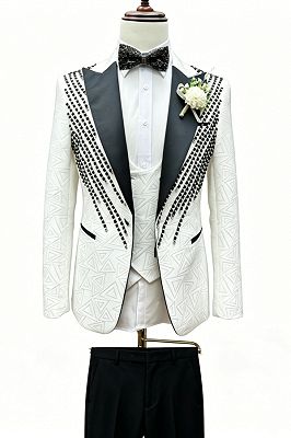 Lucas Fancy White Jacquard Peaked Lapel Three Pieces Beading Prom Suits