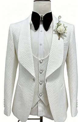 Luther Mind White Jacquard Shawl Lapel Three Pieces Wedding Suits