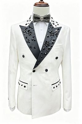 Mandel Fancy White Double Breasted Prom Suits With Black Beading Lapel