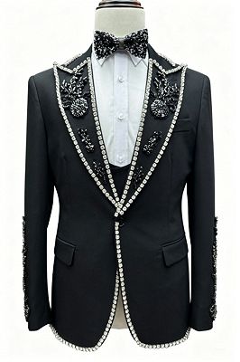 Louis Fashion Black Peaked Lapel Three Pieces Prom Suits With Beading