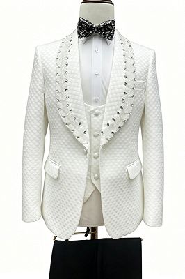 Logan Chic White Jacquard Three Pieces Prom Suits With Beading Lapel