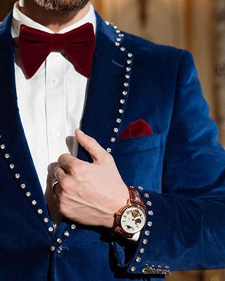 Lee Decent Navy Velvet Notched Lapel Prom Suits With Crystal_2