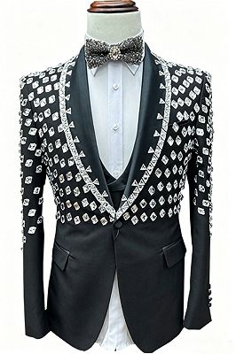 Marcus Generous Black Shawl Lapel Three Pieces Prom Suits With Crystal