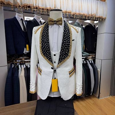 Levi Fancy White Jacquard Three Pieces Prom Suits With Beading_2
