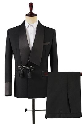 Leo Simple Black Frog Button Prom Suits With Satin Shawl Lapel