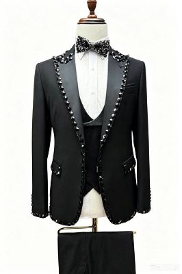 Lou Charming Black Peaked Lapel Three Pieces Beading Prom Suits