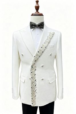 Madison Bespoke White Peaked Lapel Double Breasted Prom Suits Wit Appliques
