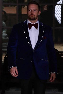 Lee Decent Navy Velvet Notched Lapel Prom Suits With Crystal