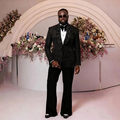 Kyle Mind Black Beading One Button Prom Suits With Sequins Shawl Lapel