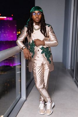 Lance Bespoke Champagne Stand Collar Prom Suits With Appliques