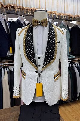 Levi Fancy White Jacquard Three Pieces Prom Suits With Beading