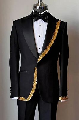 Leopold Bespoke Black Peaked Lapel Three Pieces Prom Suits With Gold Appliques