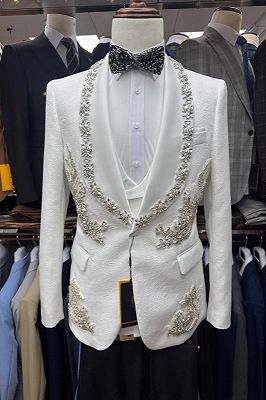 Lionel Gentle White Jacquard Three Pieces Prom Suits With Beading
