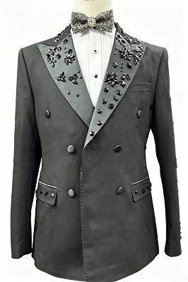 Mann Fashion Black Peaked Lapel Beading Double Breasted Prom Suits