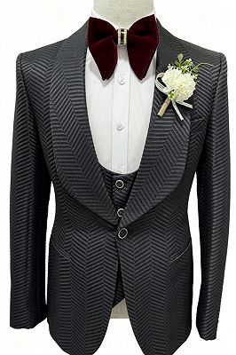 Lucien Decent Black Jacquard Shawl Lapel Three Pieces Prom Suits