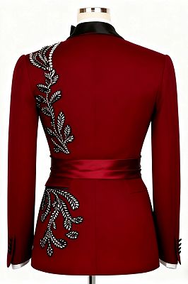 Marsh Chic Dark Red Double Breasted Peaked Lapel Beading Prom Suits With Satin Sash_3