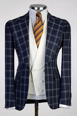 Mitchell Chic Navy Plaid Peaked Lapel Three Pieces Business Suits