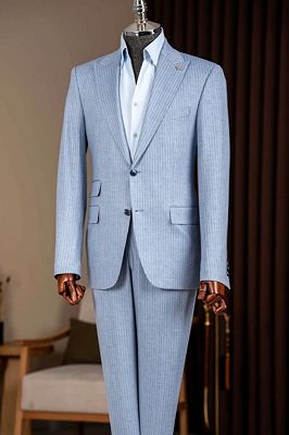 Merlin Modern Blue Peaked Lapel Two Buttons Striped Business Suits