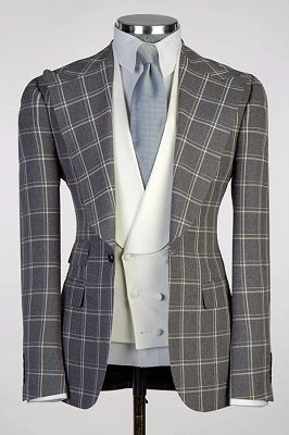 Monroe Formal Gray Peaked Lapel Three Pieces Plaid Business Suits