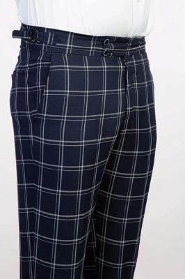 Mitchell Chic Navy Plaid Peaked Lapel Three Pieces Business Suits