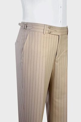 Michell Stylish Khaki Striped Peaked Lapel Three Pieces Business Suits