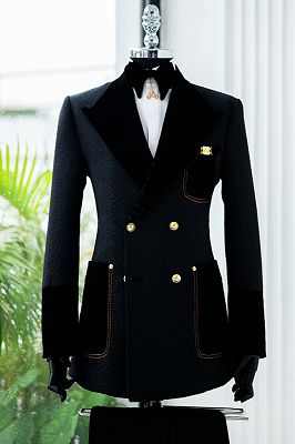 Matt Classical Black Jacquard Double Breasted Prom Suits With Velvet Lapel