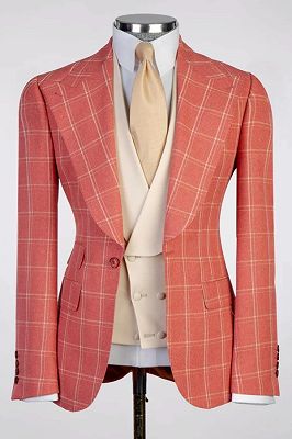 Miles Fashion Coral Plaid Peaked Lapel Three Pieces Prom Suits