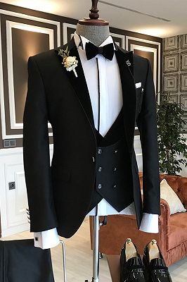 Stylish Black New Arrival Slim Fit 3-Piece Peaked Lapel Men Suits