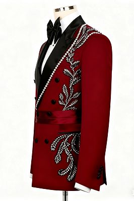 Marsh Chic Dark Red Double Breasted Peaked Lapel Beading Prom Suits With Satin Sash_2