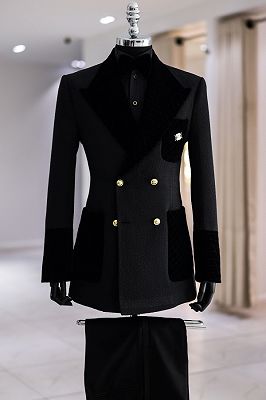Mason Fancy Black Jacquard Peaked Lapel Prom Suits With Gold Double Breasted