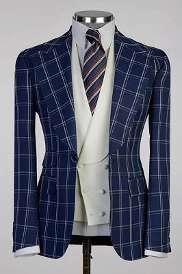 Montague Fancy Dark Blue Plaid Peaked Lapel Three Pieces Business Suits