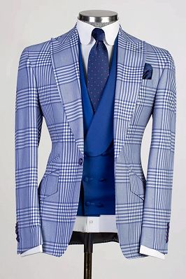 Moore Classical Light Blue Plaid Peaked Lapel Business Suits With Royal Blue Vest