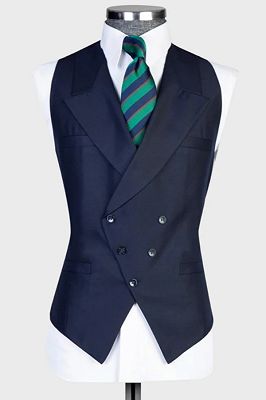 Stylish Dark Navy Peaked Lapel Double Breasted Vest