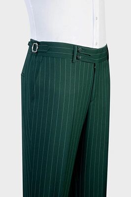 Mick Modern Dark Green Peaked Lapel Striped Three Pieces Business Suits