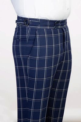 Montague Fancy Dark Blue Plaid Peaked Lapel Three Pieces Business Suits_2