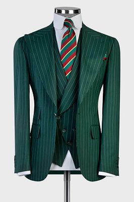 Mick Modern Dark Green Peaked Lapel Striped Three Pieces Business Suits