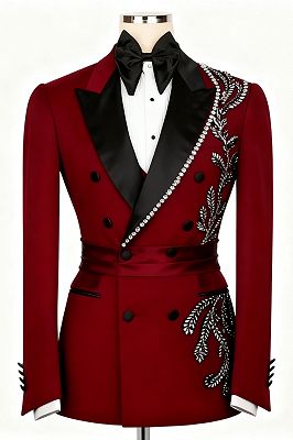 Marsh Chic Dark Red Double Breasted Peaked Lapel Beading Prom Suits With Satin Sash