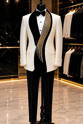 Khalid Simple White Two Pieces Prom Suits With Beading Shawl Lapel