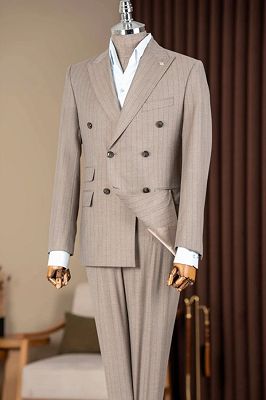 Max Chic Khaki Peaked Lapel Double Breasted Striped Business Suits