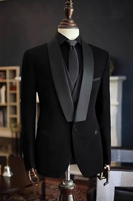 Marvin Classical Black Three Pieces Weddings Suits With Satin Shawl Lapel