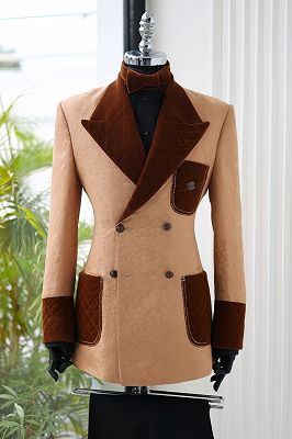 Mark Elegant Light Caramel Jacquard Double Breasted Prom Suits With Velvet Lapel