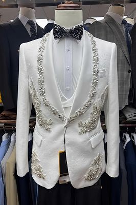 Lionel Gentle White Jacquard Three Pieces Prom Suits With Beading