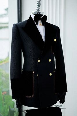 Matt Classical Black Jacquard Double Breasted Prom Suits With Velvet Lapel